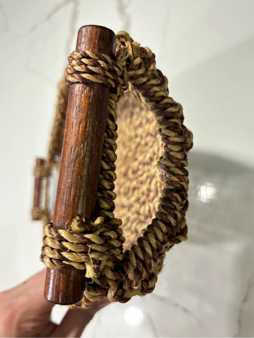 Handwoven Brown Seagrass Tray Basket Wooden Handles Home Decor Braided Wicker
